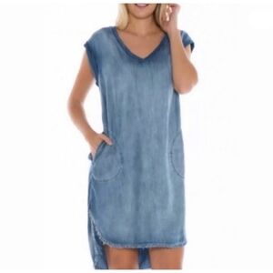 Cloth & Stone Chambray Shift Dress Cap Sleeve Frayed Hem Pockets OVERSIZED XS.